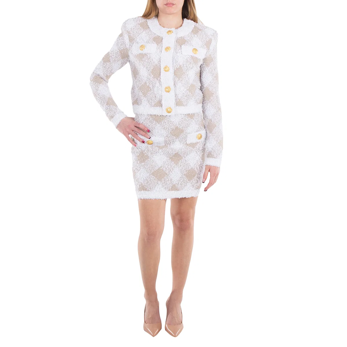 Жакет твидовый с принтом Check Pattern Tweed Jacket Balmain, Blanc/ Beige — фото 4
