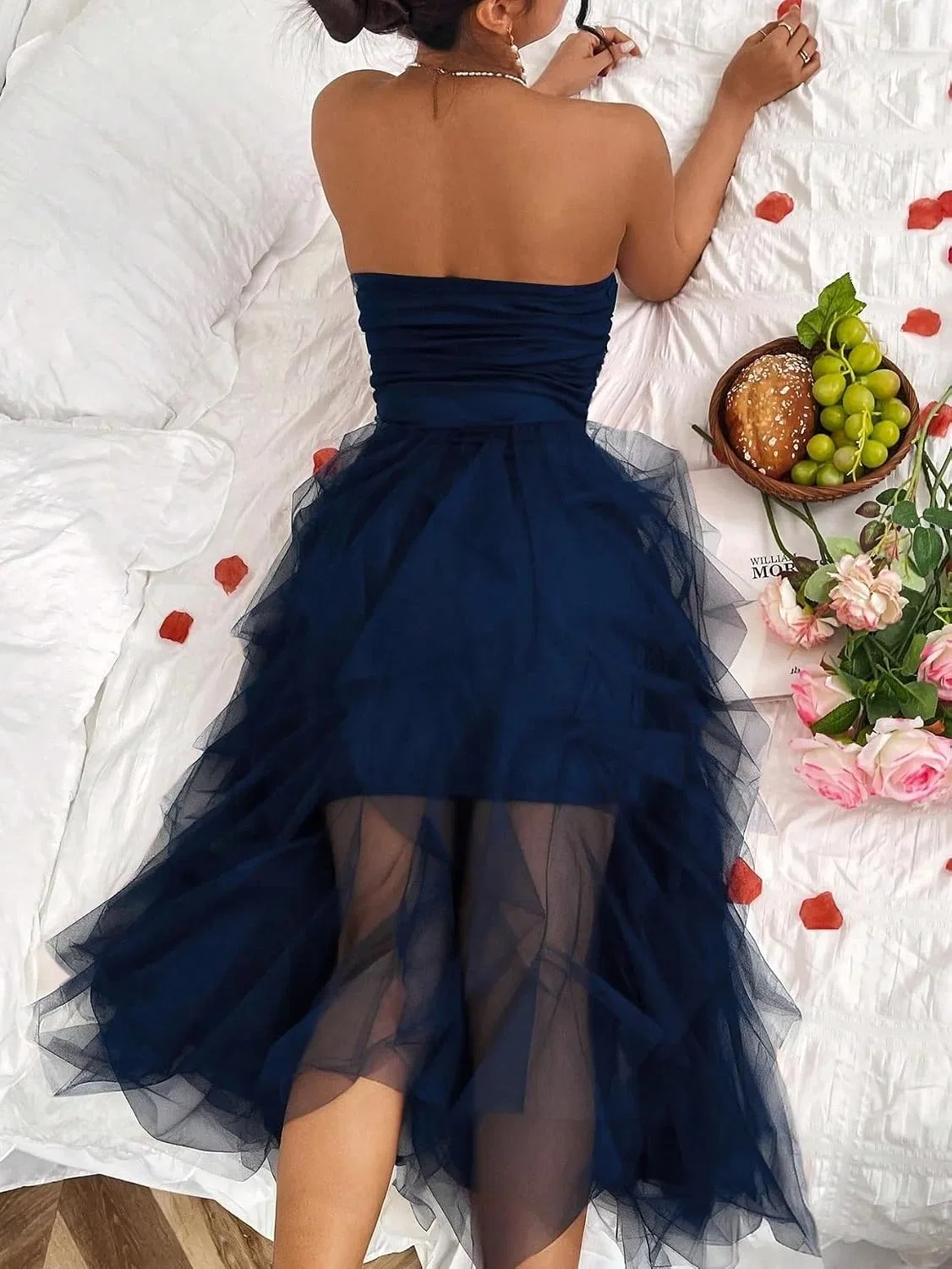 Женское A-силуэта миди платье с сетчатой вставкой, Navy Blue — фото 3