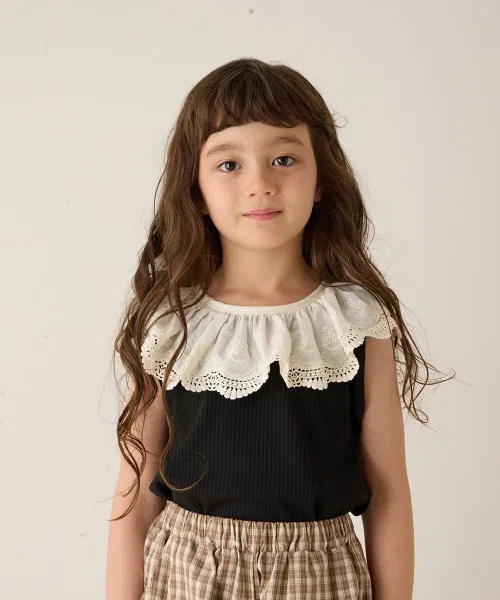 Детский топ без рукавов с цветочной вышивкой, модель Flower Embroidery Lace Collar Rib Tank Top, riziere, White — фото 2