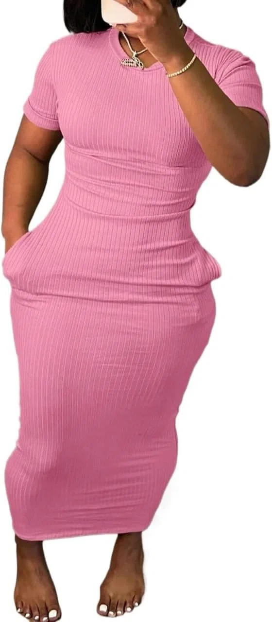 Женское облегающее платье миди с рельефной вязкой Bodycon, Pink