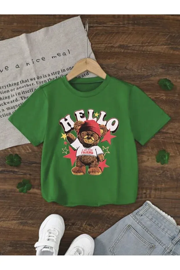 Детская футболка для девочек с принтом Hello Teddy Bear Morning Kids, Green1