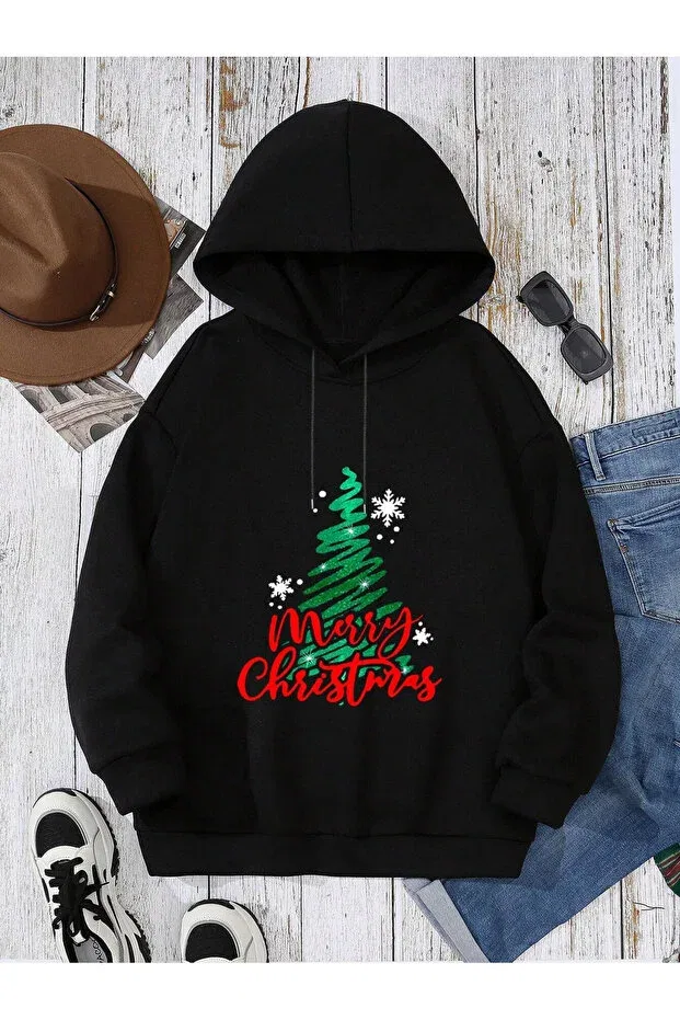 Детское худи для девочек с принтом Merry Christmas Printed Black Hooded Sweatshirt Bymeer, Black