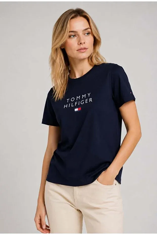 Женская хлопковая футболка с принтом с коротким рукавом Tommy Hilfiger, Navy Blue — фото 2