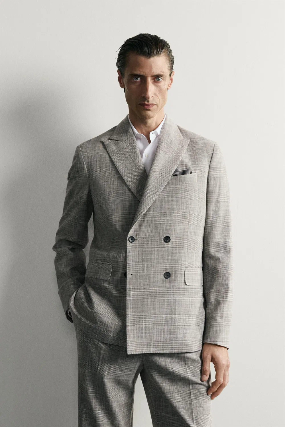 Блейзер из шерстяной ткани в клетку, стандартного кроя. ZARA, Light grey — фото 2