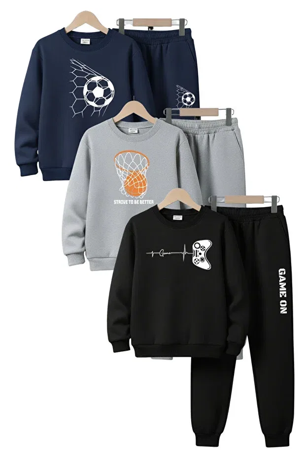 Детский спортивный костюм для мальчиков с принтом 3 thread round neck thick winter sh fleece-lined print detailed 6 piece boys tracksuit set Fyk Collection, Navy Blue-Grey-Black