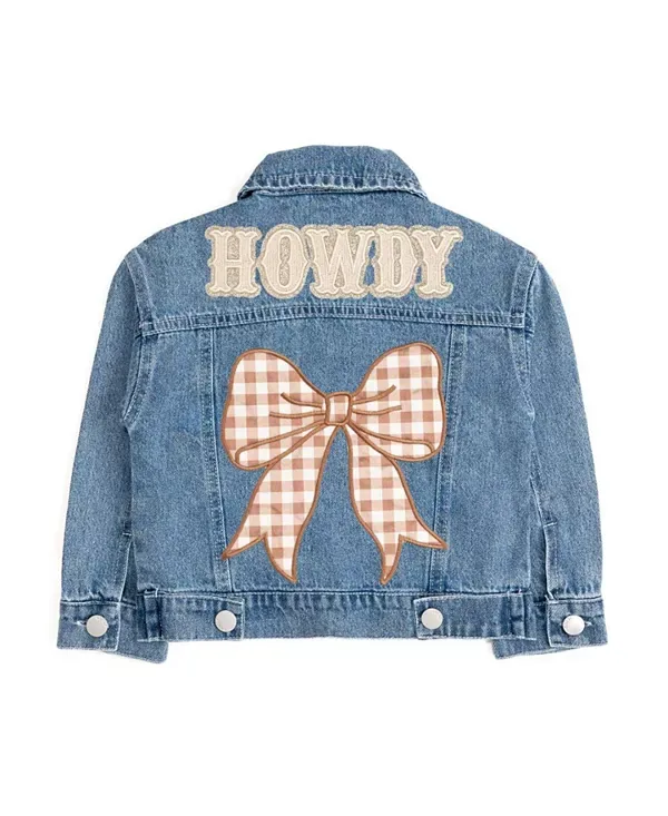 Джинсовая куртка в клетку с бантом и нашивкой "Howdy" - для маленьких и больших детей. Sweet Wink, Denim