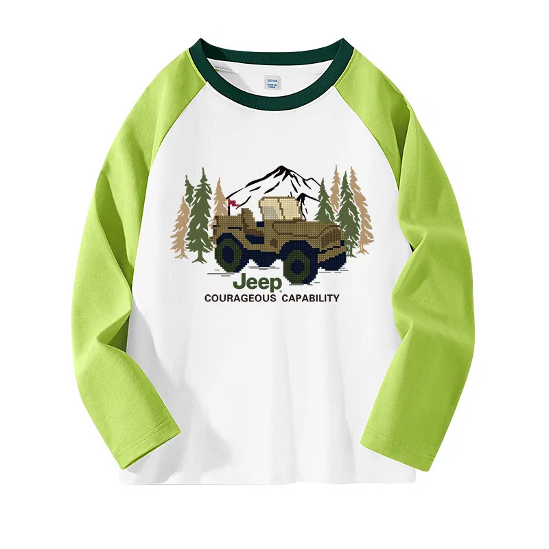 Детская футболка с принтом Jeep Kids, Olive Green/Square Cube Car