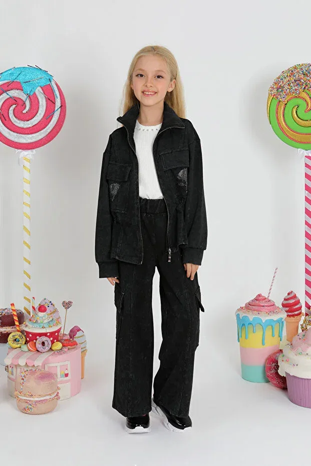 Детский комплект спортивного костюма для девочек с принтом Rose Stone Detailled Tracksuit Set Star Pearl Kids, Black