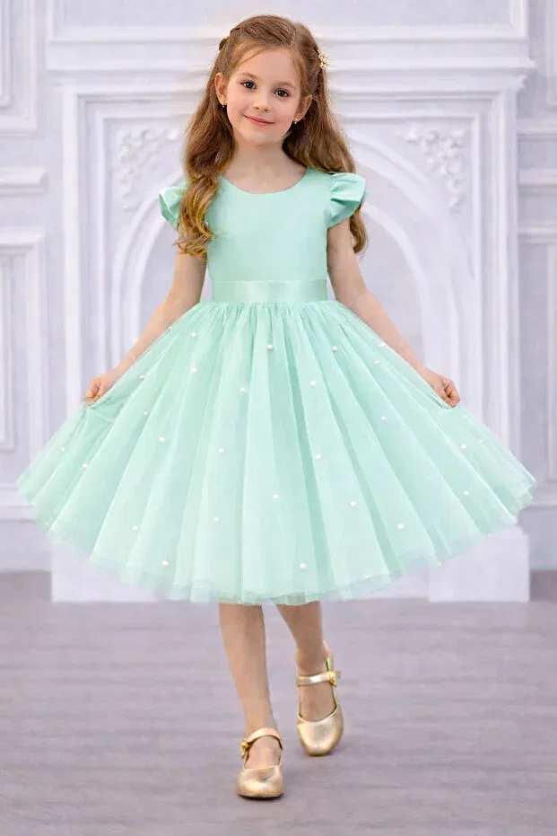 Детское платье для девочек с принтом Mint green girl's princess dress - with buckle gift, bow detail and pearl Nsmlife, Mint Green
