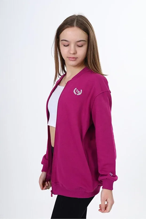 Детский кардиган для девочек с принтом Plum Girl's College Collar Zippered Pocket Low Shoulder Printed Knitted Cardigan Toontoy, Plum — фото 3