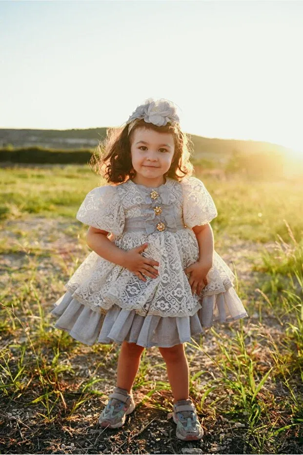 Детское платье для девочек с кружевом Lace embroidered princess model puffy girl's dress_m2405 Mialora, Gri — фото 2