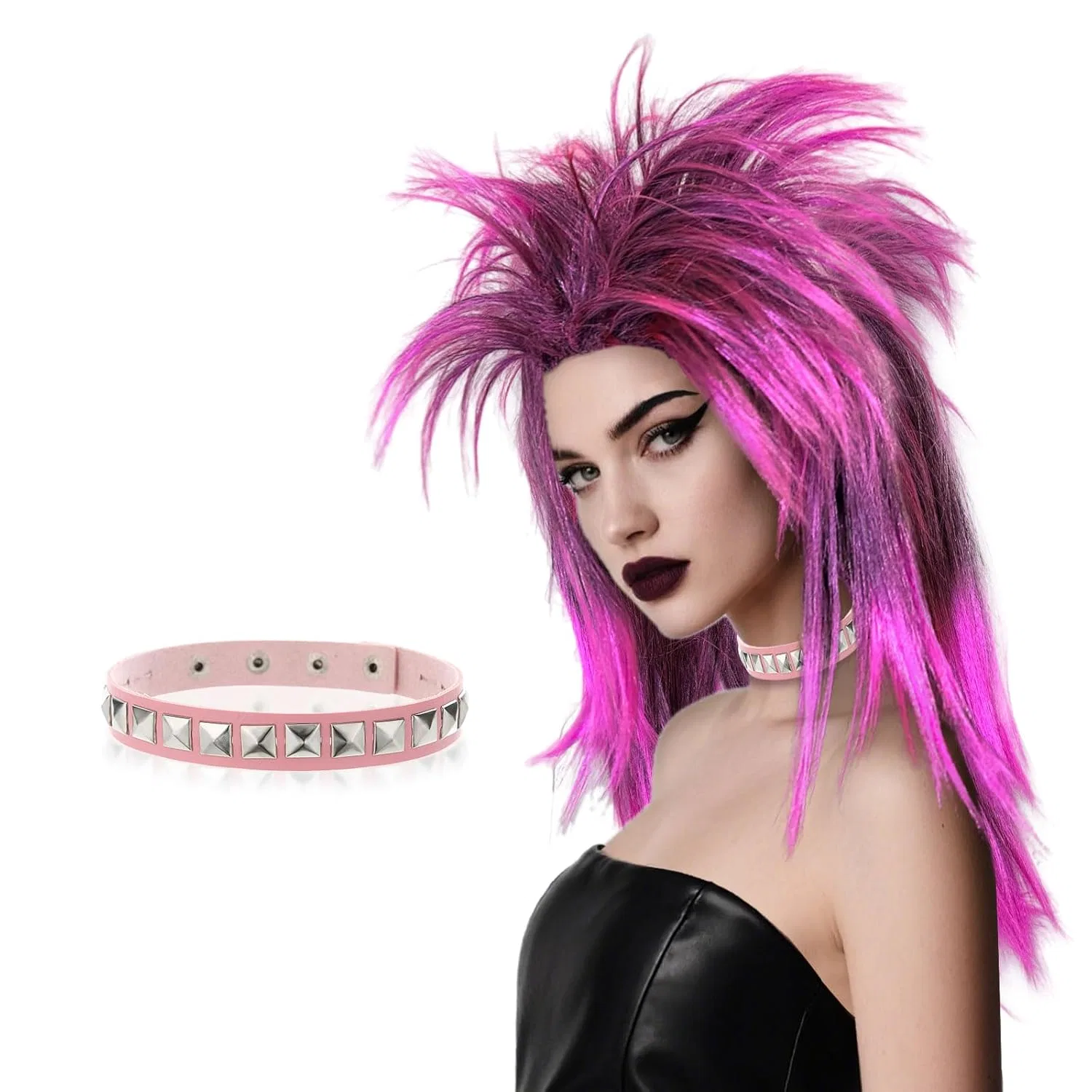 Розовый парик рок-звезды с чокером Saiiurv, Pink