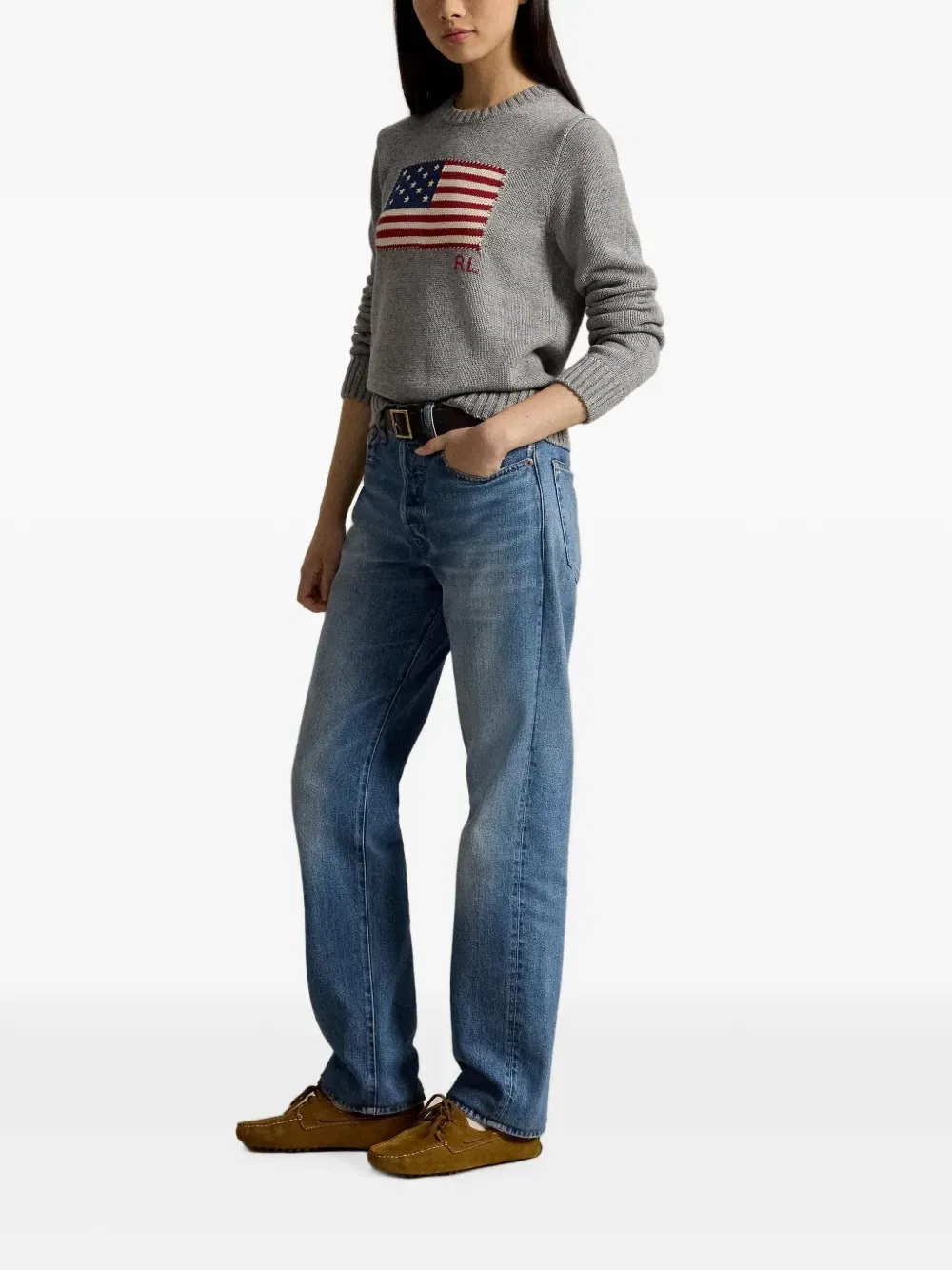 Хлопковый джемпер с круглым вырезом и флагом POLO RALPH LAUREN, серый — фото 2