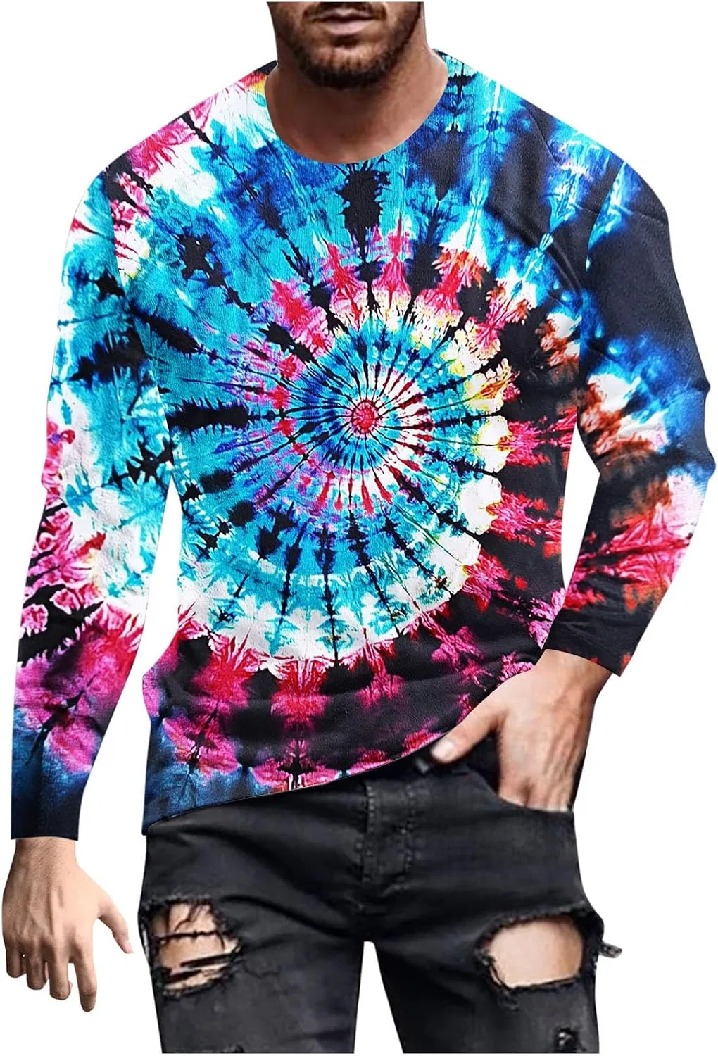 Мужская футболка с длинным рукавом tie-dye, ретро-дизайн, crew neck, Blue