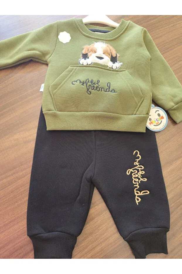 Детский комплект спортивного костюма для мальчиков с принтом Dog Embroidered Kangaroo Pocket Jasminya, Khaki — фото 3