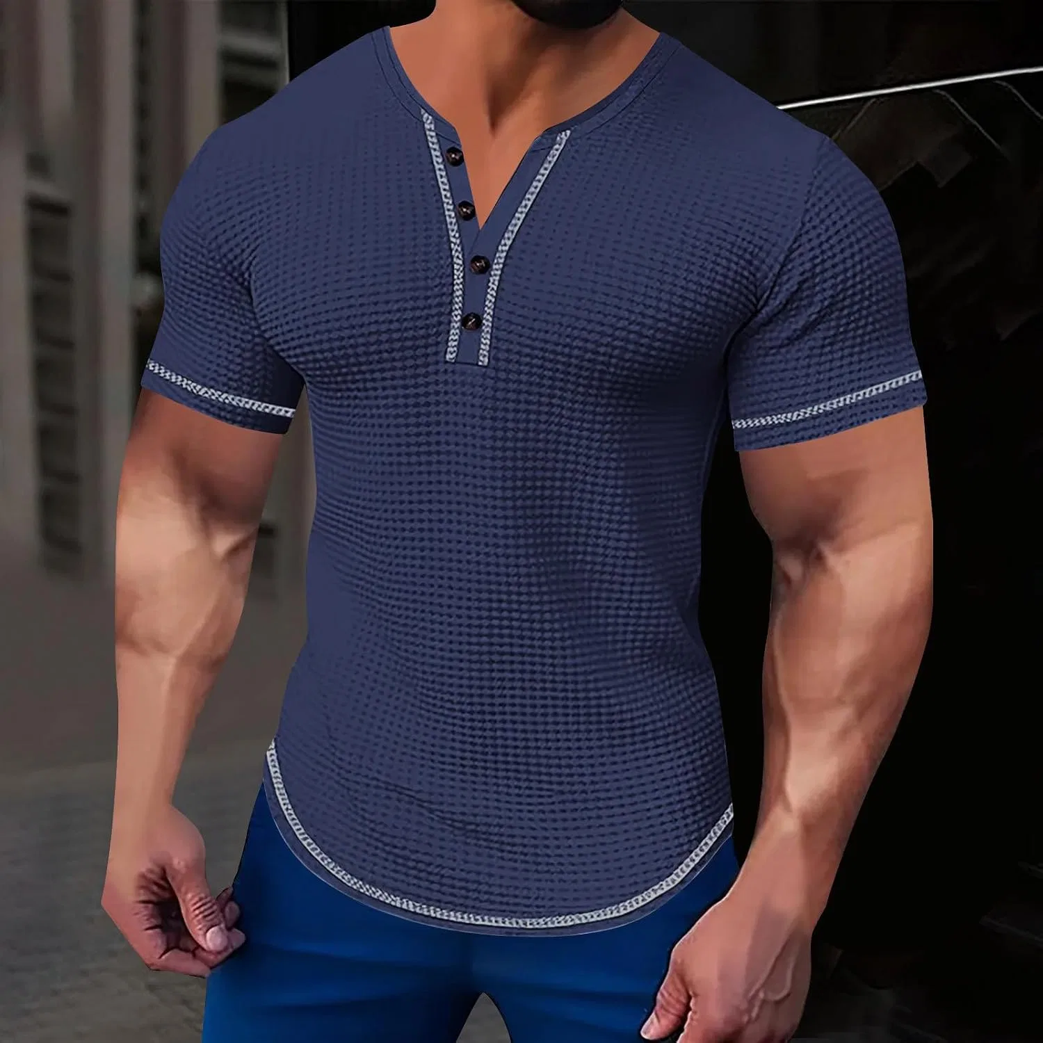 Мужская футболка-поло текстурная slim fit Generic, Navy — фото 2