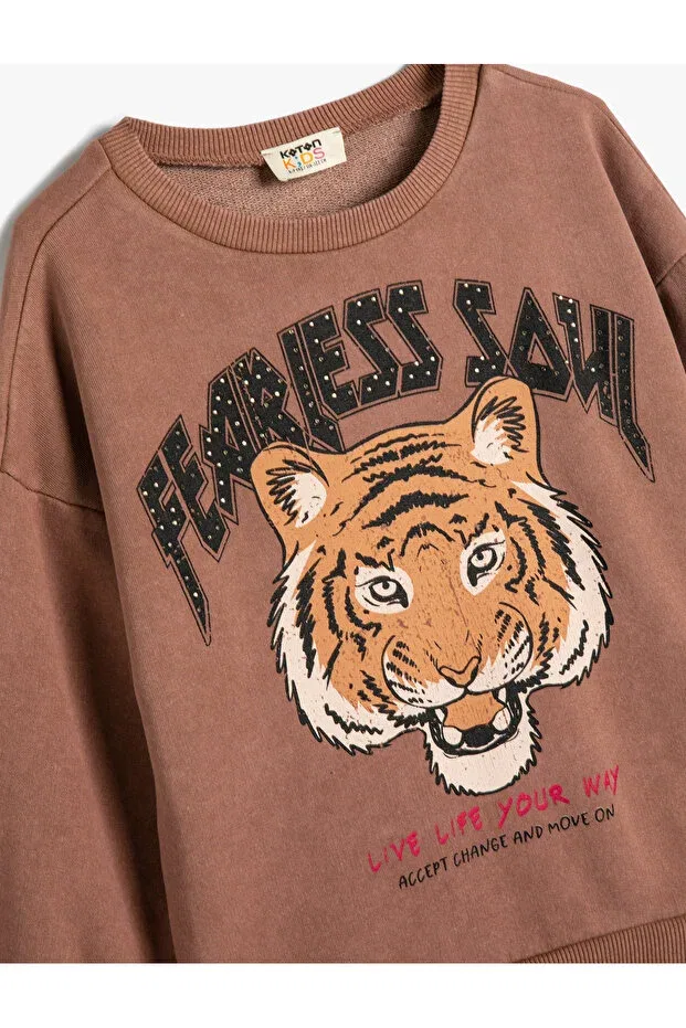 Детские свитшот для девочек с принтом Tiger Long Sleeve Crew Neck Raised Koton, Brown — фото 3