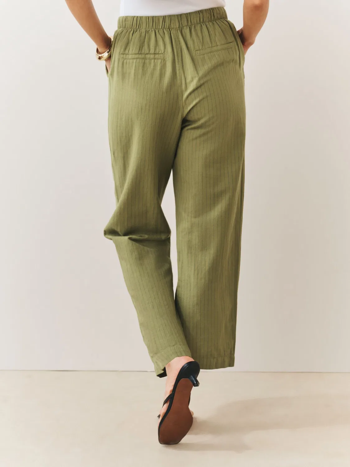 Брюки-бабочка с завязками Cotton Linen Blend Next, хаки-зеленый в полоску — фото 3