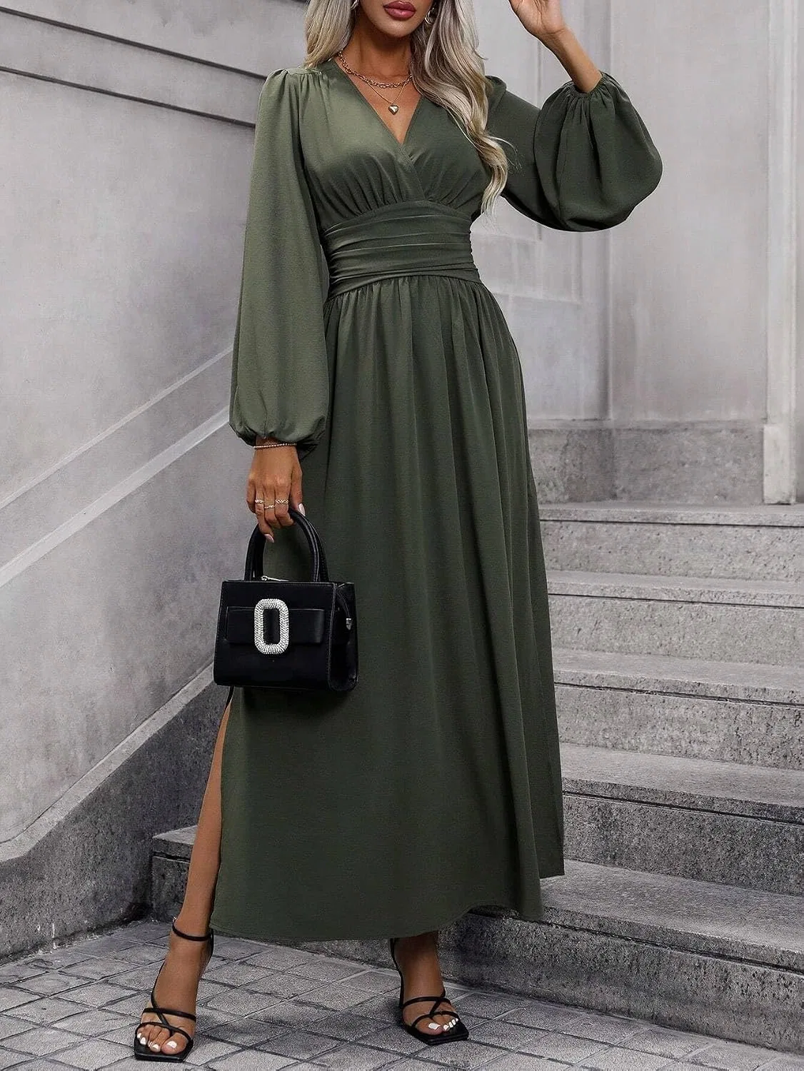 Женское длинное платье с защипами и разрезом A-силуэта, Army Green — фото 3