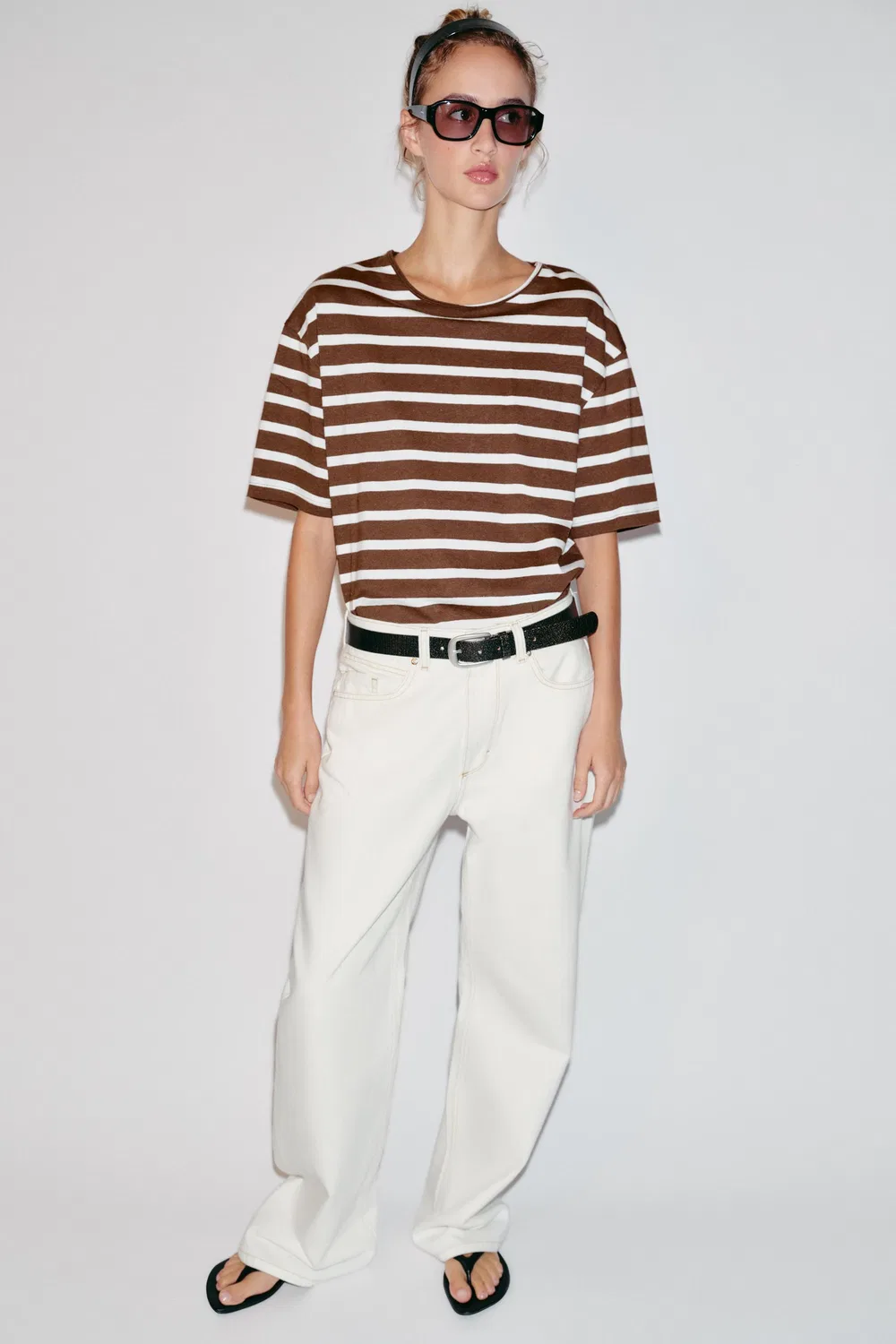 Полосатая футболка с коротким рукавом ZARA, Brown
