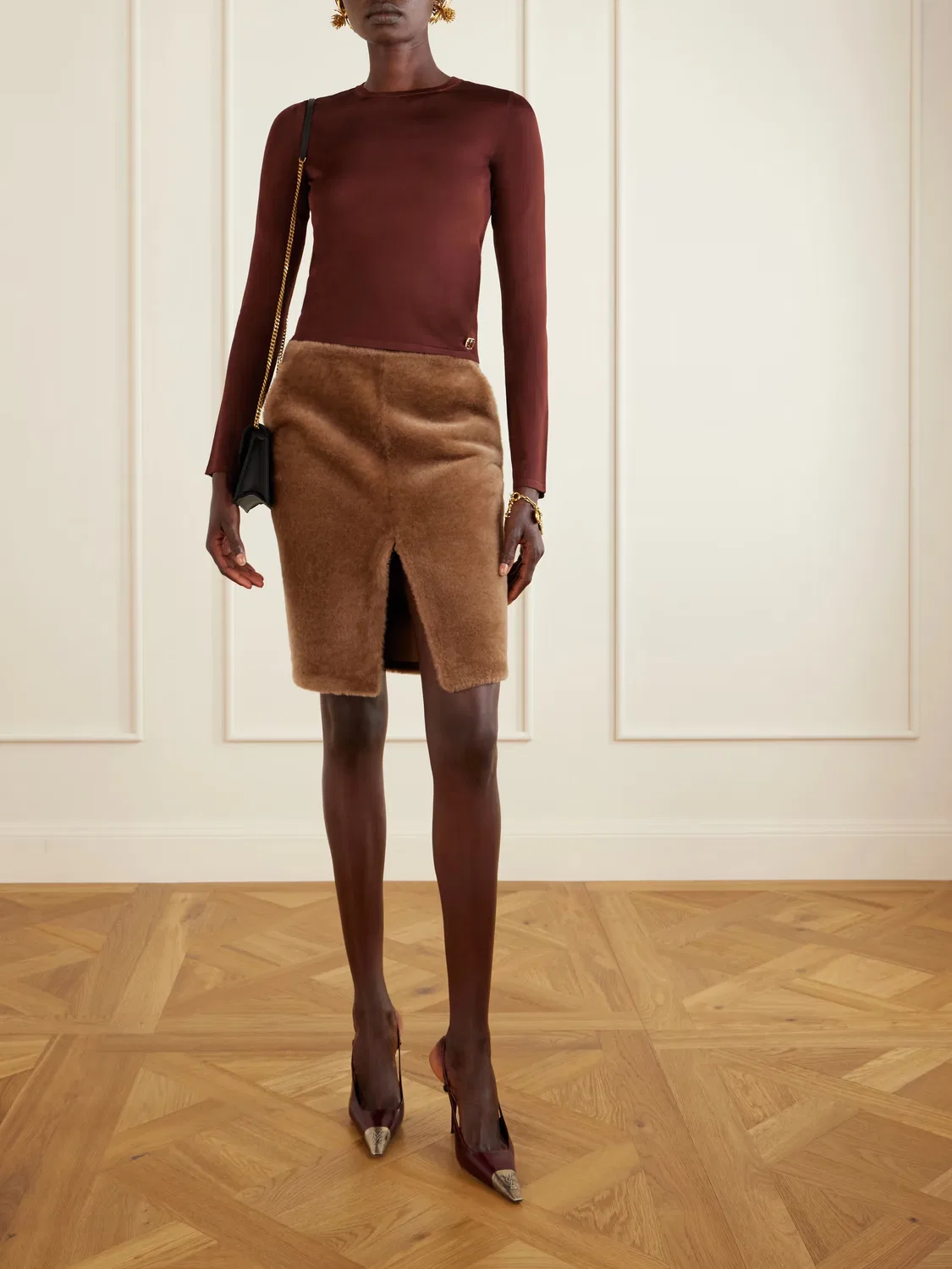 Вязаная футболка с отделкой «Кассандра» Saint Laurent, коричневый — фото 2