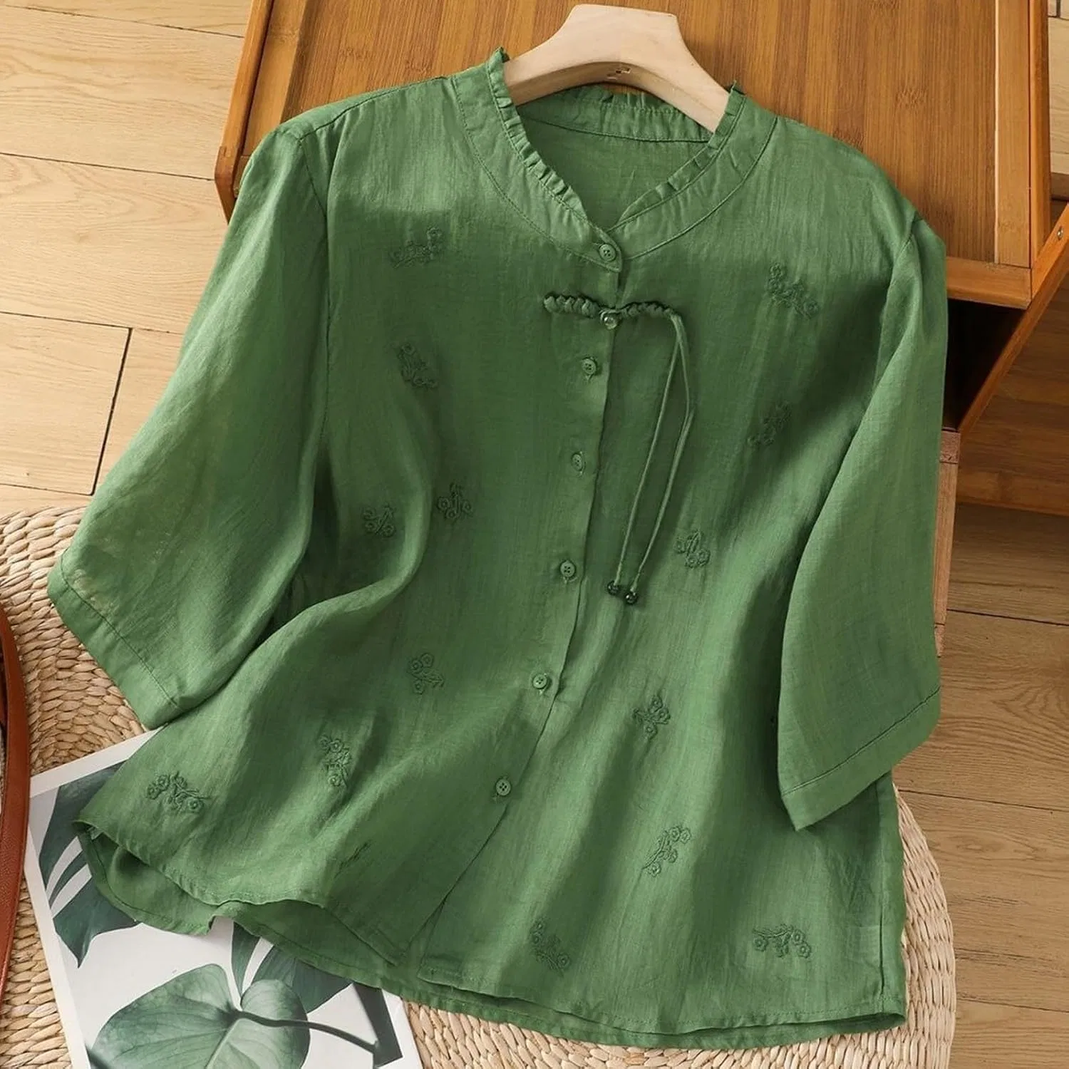 Женская туника с вышивкой и коротким рукавом, модель Vintage Dressy, зелёный — фото 2
