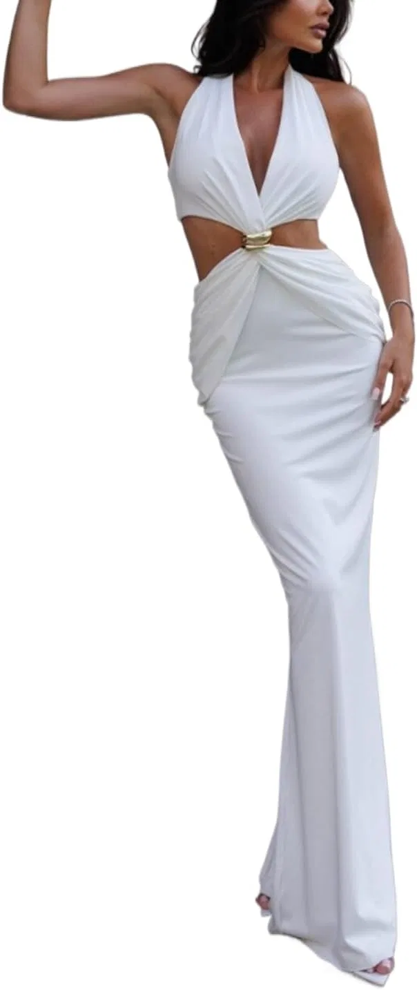 Женское сексапильное платье с глубоким V-вырезом и вырезами, Bodycon Maxi, White