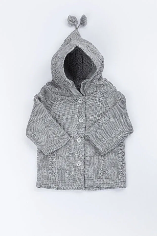 Детский кардиган с капюшоном Newborn hooded knitwear unisex pompom baby cardigan 0/6 months Yerli Baby, Gray