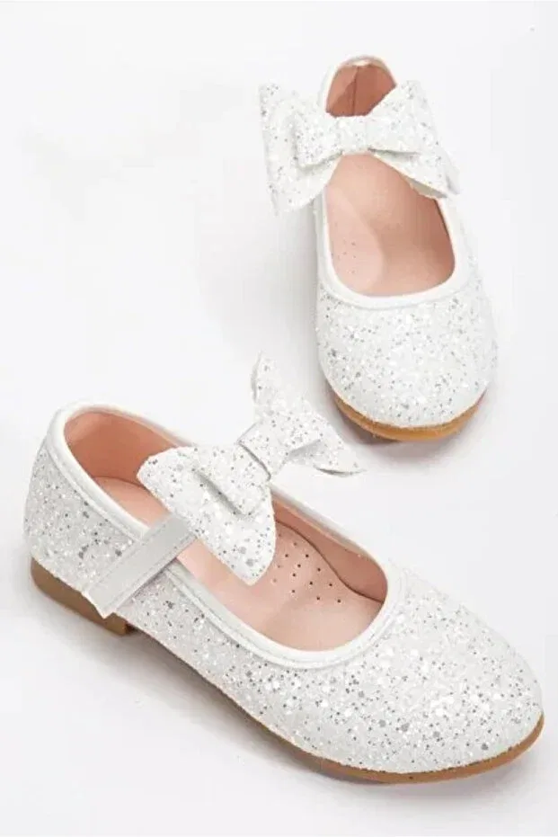Детские балетки для девочек с блестящим бантом Altın Moda Shoes, White — фото 2