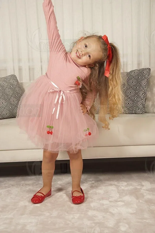 Детское платье для девочек с длинным рукавом Flexible and cherry tulle lined dress Neocotton, Long-Rose — фото 2