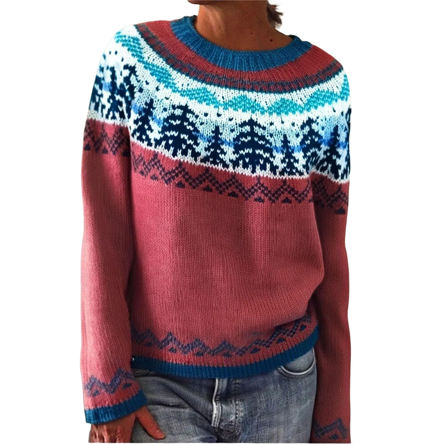 Женский свитер с нордическим узором Fairisle Wool Long Sleeve, Brick Red