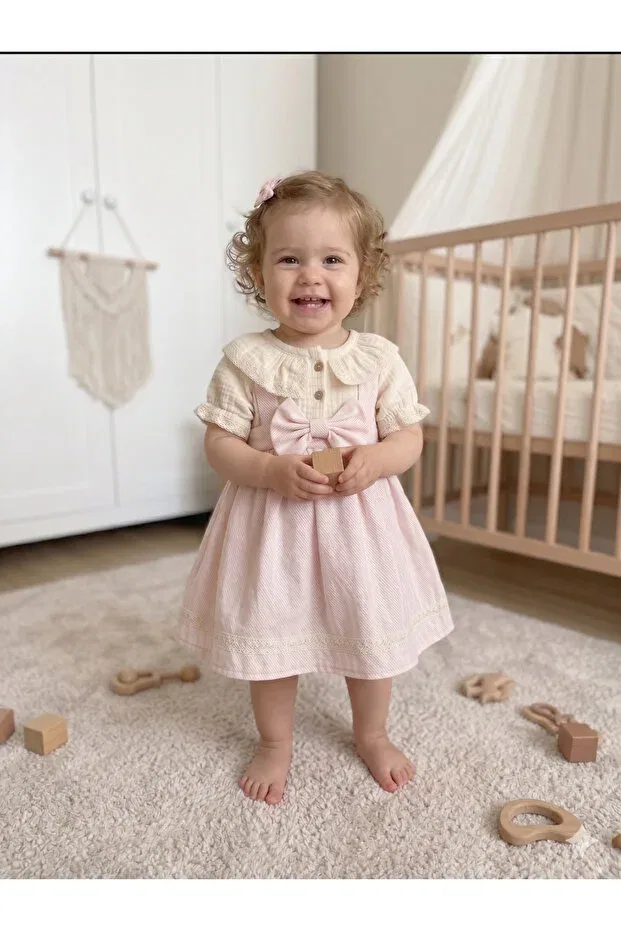 Детское платье для девочек хлопковое Vintage style one-piece baby dress - with bow detail, checkered muslin and gilet look Balımbebe, Pink — фото 2