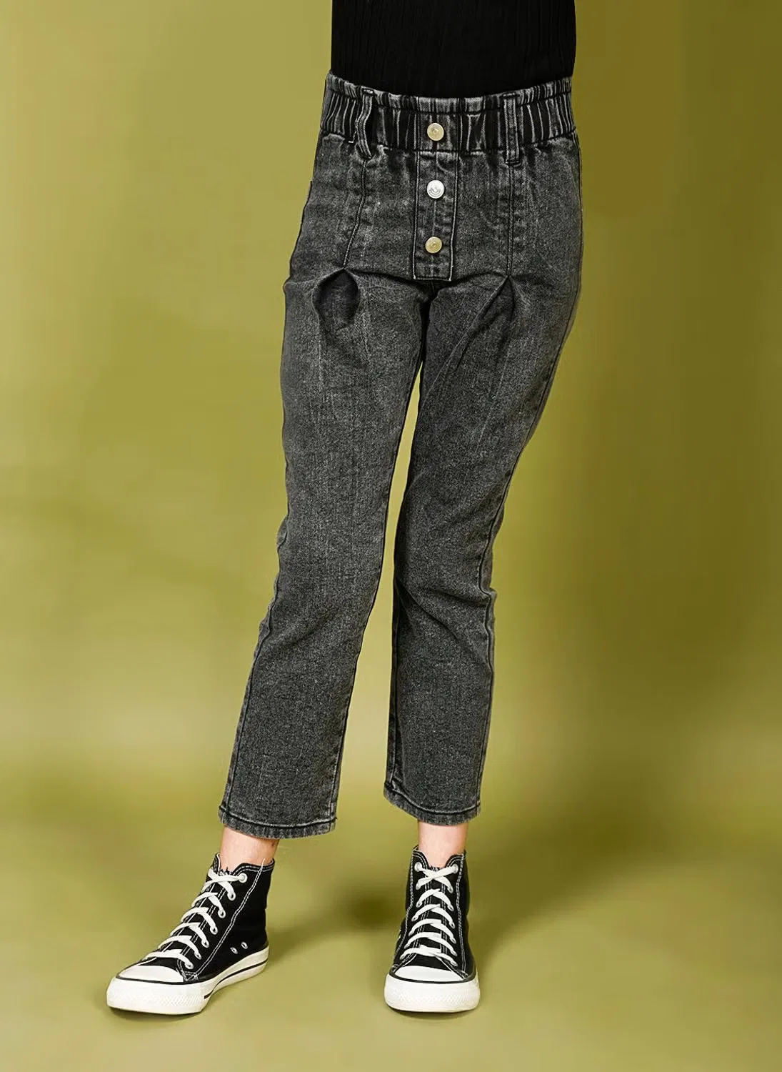 Джинсы с завышенной талией и поясом-бумагой, модель Paper bag waist slim fit, Lilpicks, темно-серый