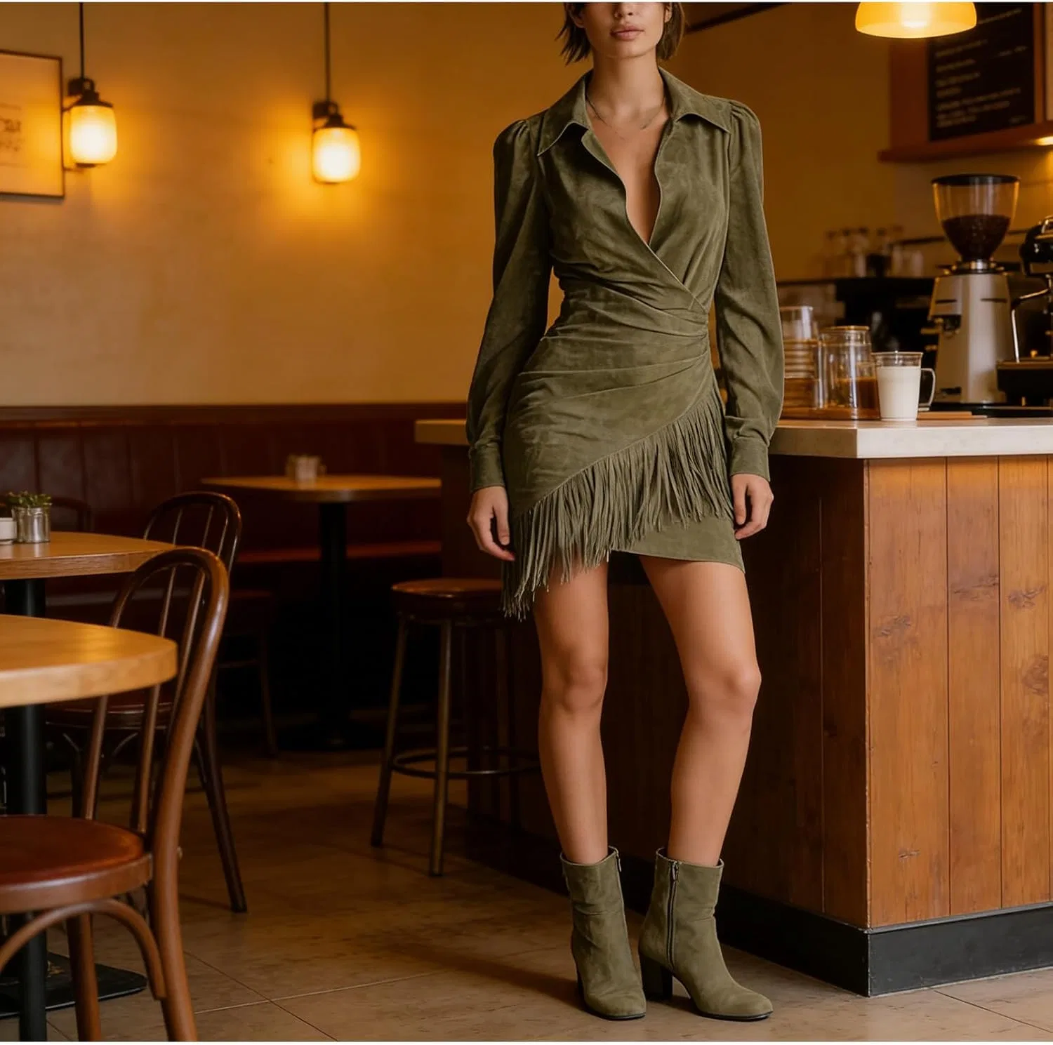 Женское платье миди с бахромой Suede Fringe Dress, Green — фото 3