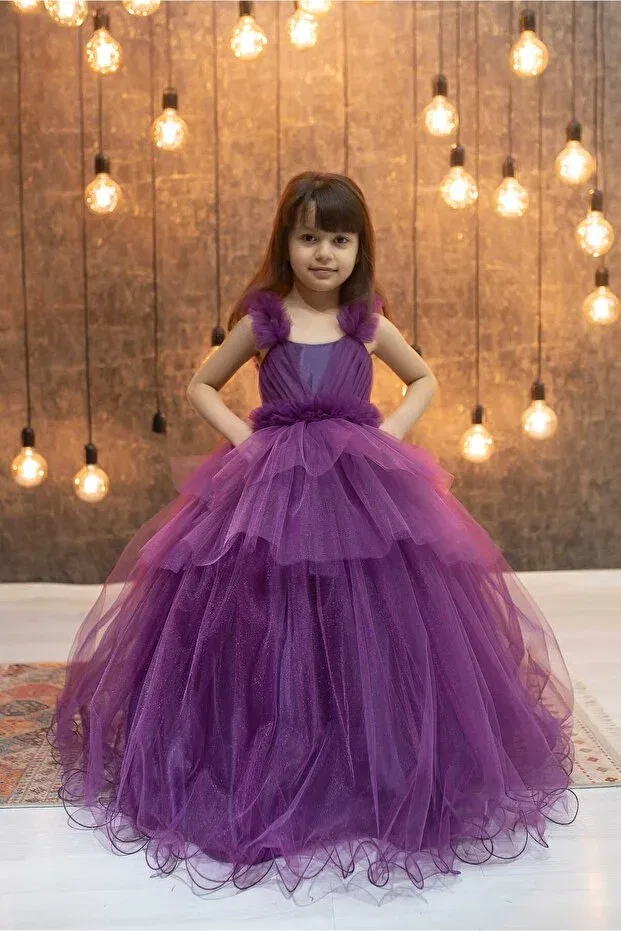 Детское платье для девочек с пайетками Size Pleated Double Layer Handkerchief Skirt Stylish Looking 2025 Our New Season Model Evening Dress With Tarlan Generic Brands, Purple