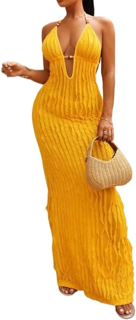 Женское длинное ками-платье на бретелях с вырезами Beach Vacation, Yellow