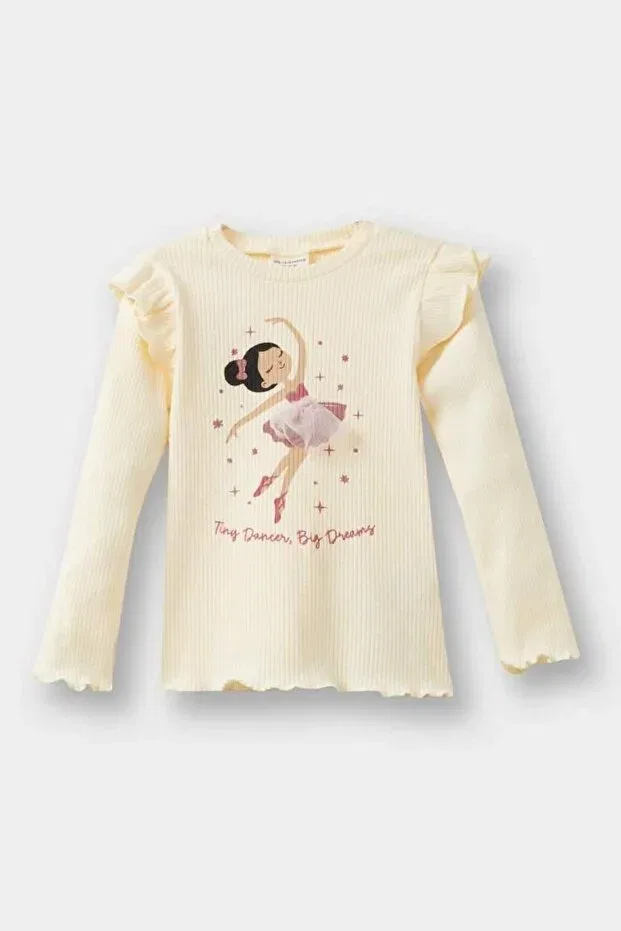 Детское для девочек платье-футболка с принтом Ballerina Printed Defacto, Ecru