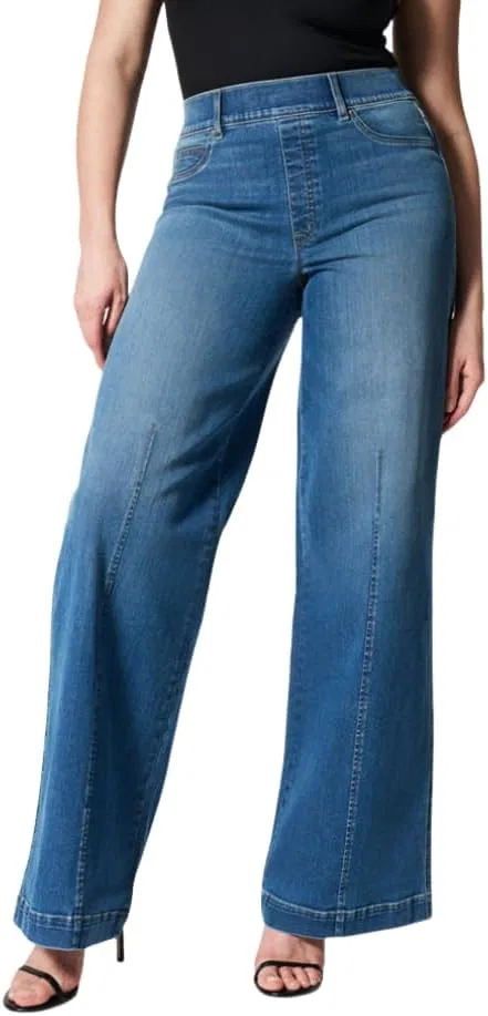 Джинсы с высокой талией, клеш, Women's High Stretch Elastic Waist Jeans, A02-blue