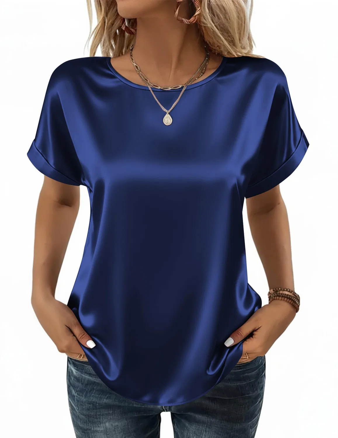 Женская блузка из атласа с коротким рукавом, Blu Navy