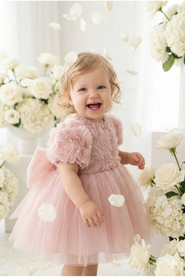 Детское платье для девочек с коротким рукавом 3D розой аппликация tulle tutu bow Alyra, Pink