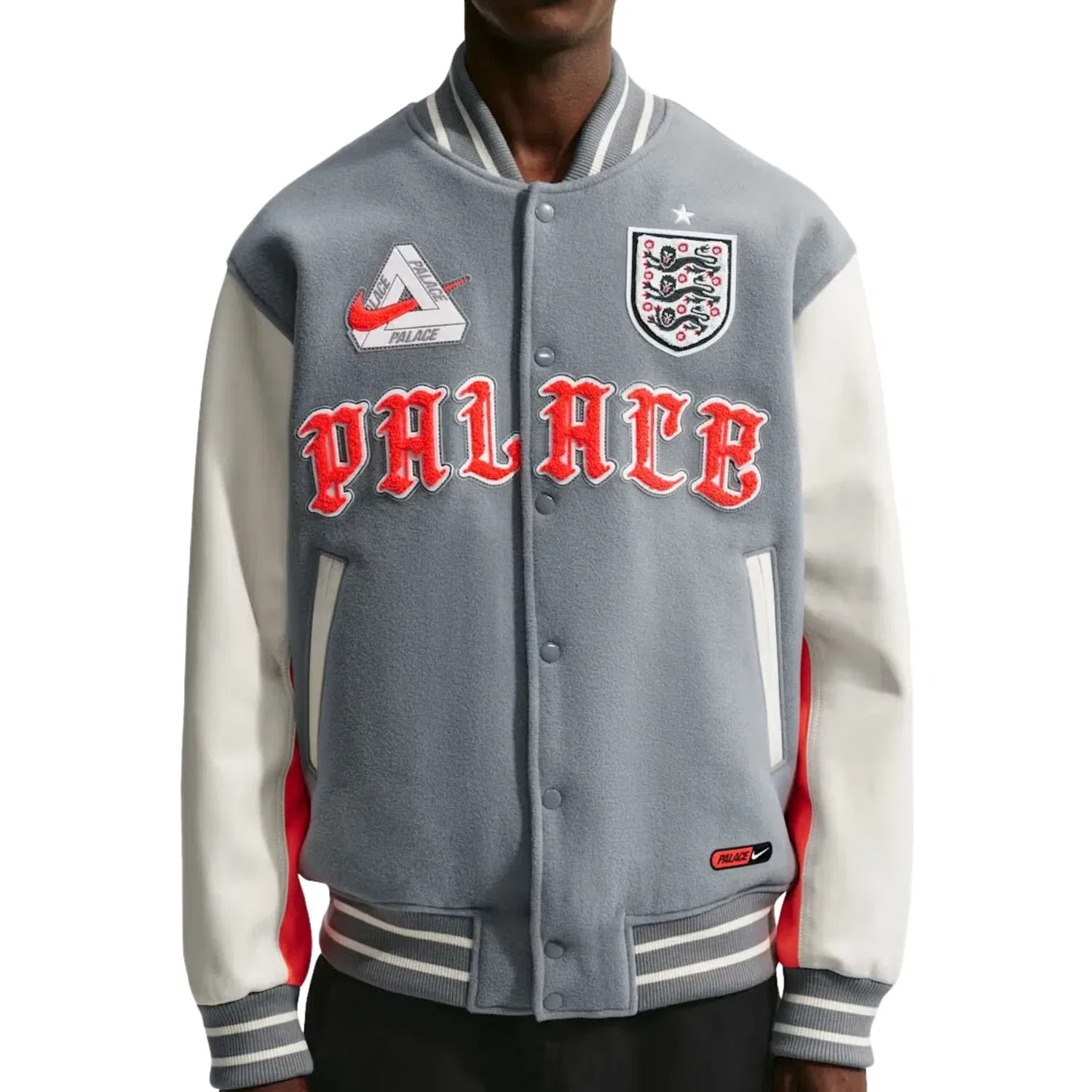 Мужская куртка-ветровка с принтом Nike x England x Palace Cryoshot Varsity Jacket Cool Grey White Bright Crimson, серый — фото 3