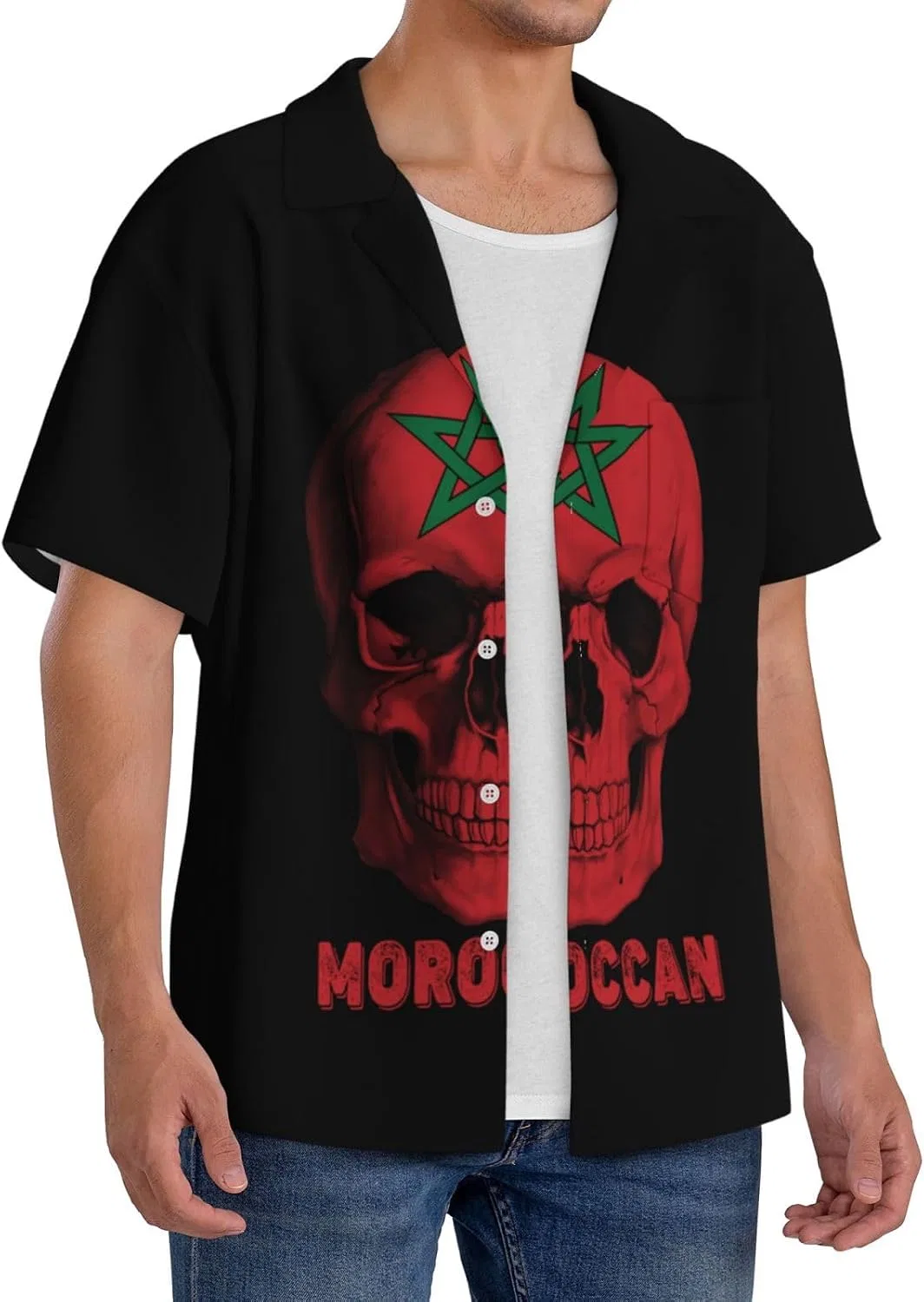 Мужская свободная рубашка с коротким рукавом Skull Moroccan Flag, Black — фото 2