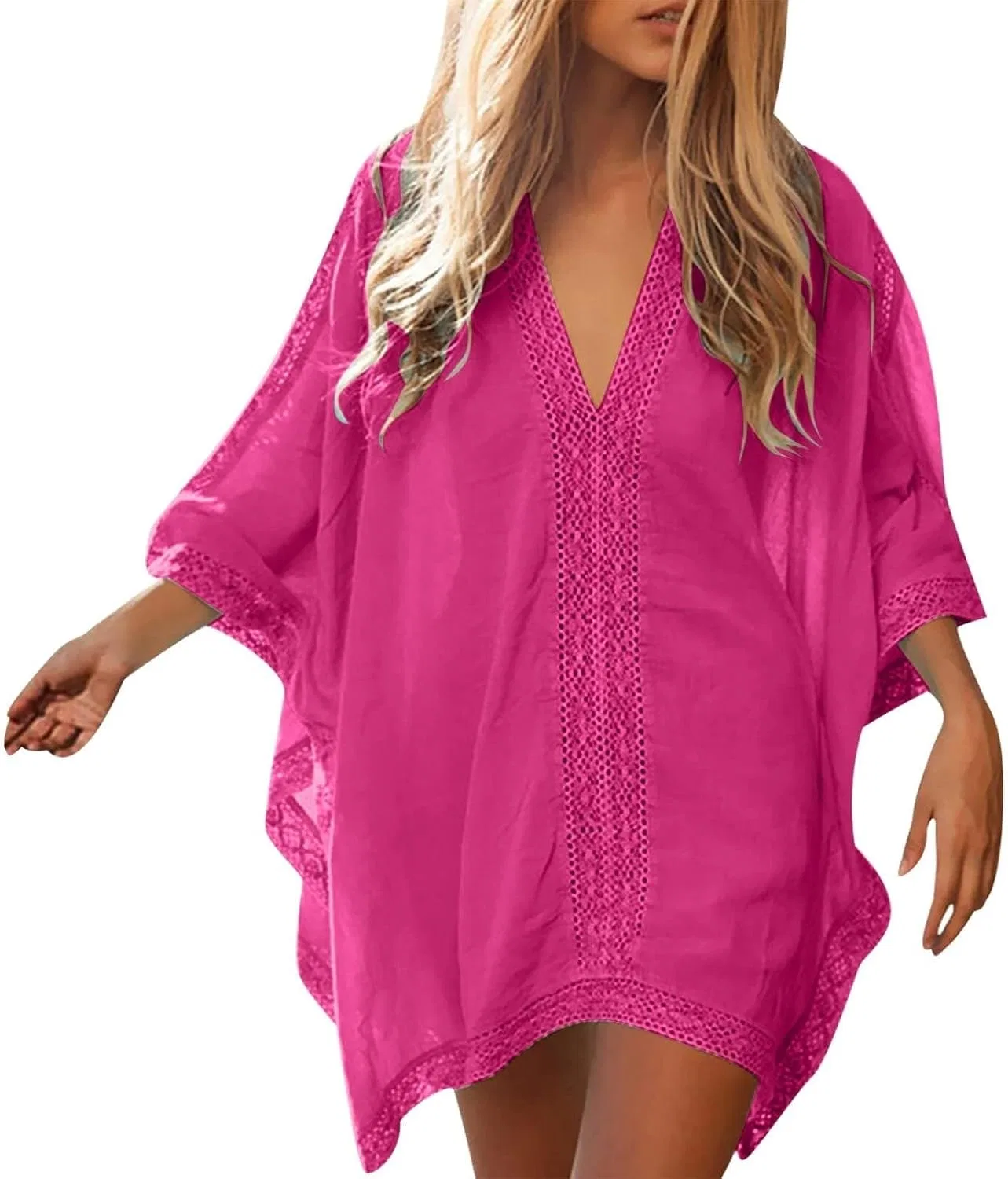 Женская пляжная накидка с ажурной вязкой, Hot Pink