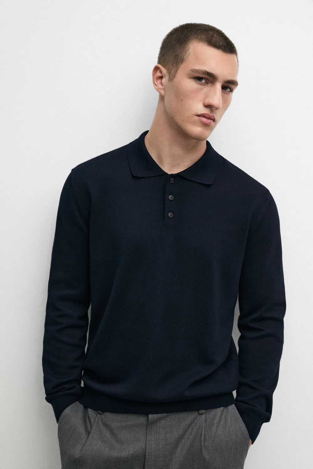Свитер-поло Massimo Dutti 100% Cotton Knit, темно-синий