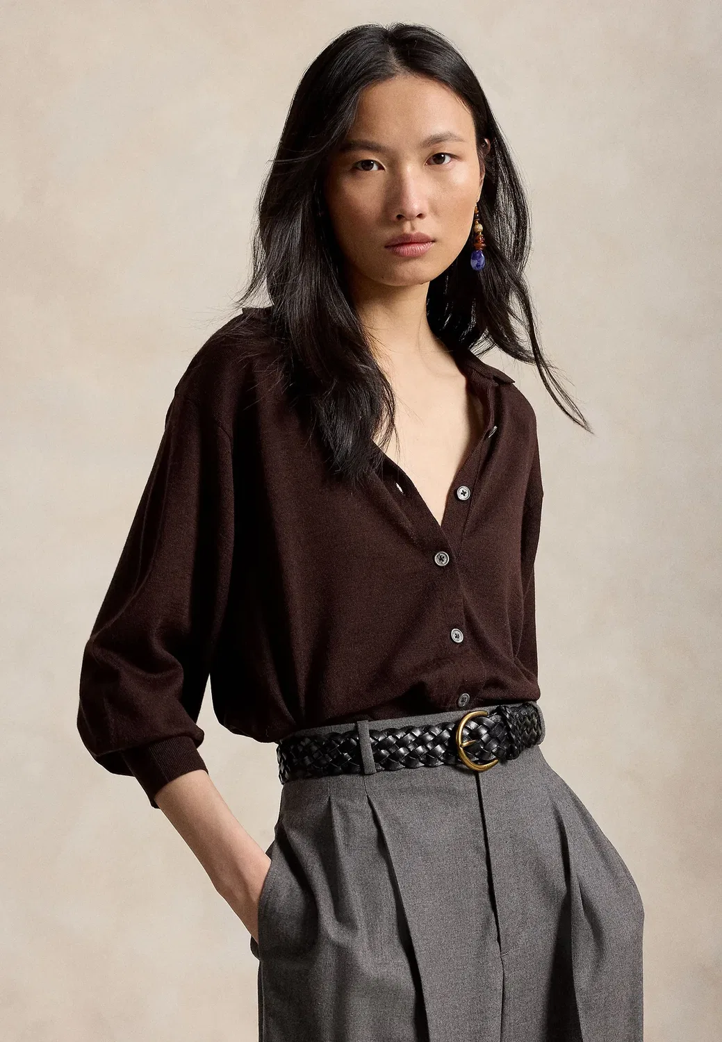 Шерстяной кардиган-блузон с воротником-поло - кардиган Polo Ralph Lauren, Deep Chocolate Melange
