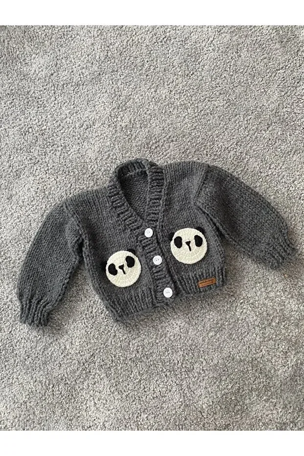 Детский кардиган для мальчиков с принтом Hand Knitted Cute Panda Detailed Nevalin, Gray