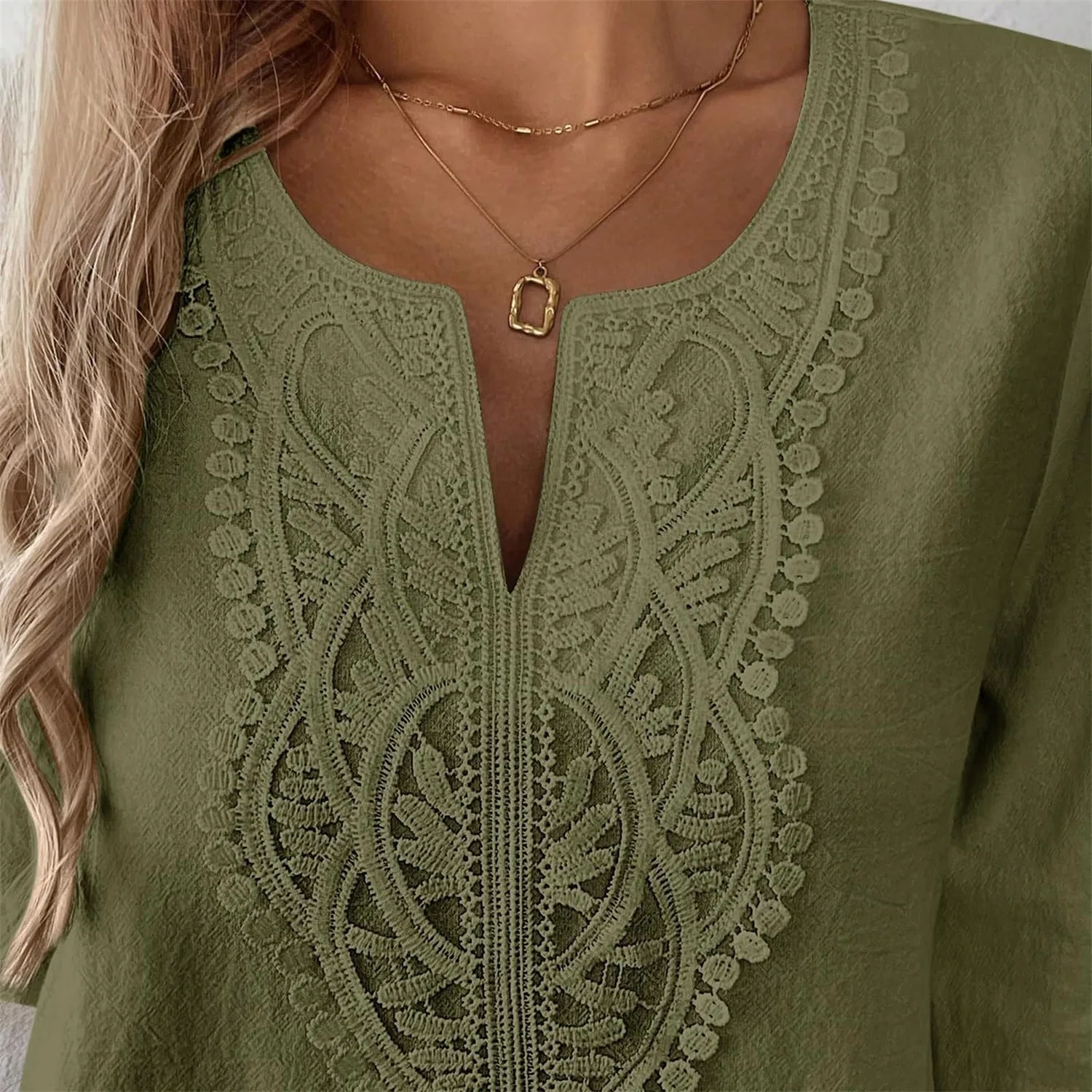 Женская льняная туника с вышивкой Retro 3/4 Sleeve Boho Casual Loose Fit Lightweight Summer Beach Blouse, D-blackish Green — фото 4