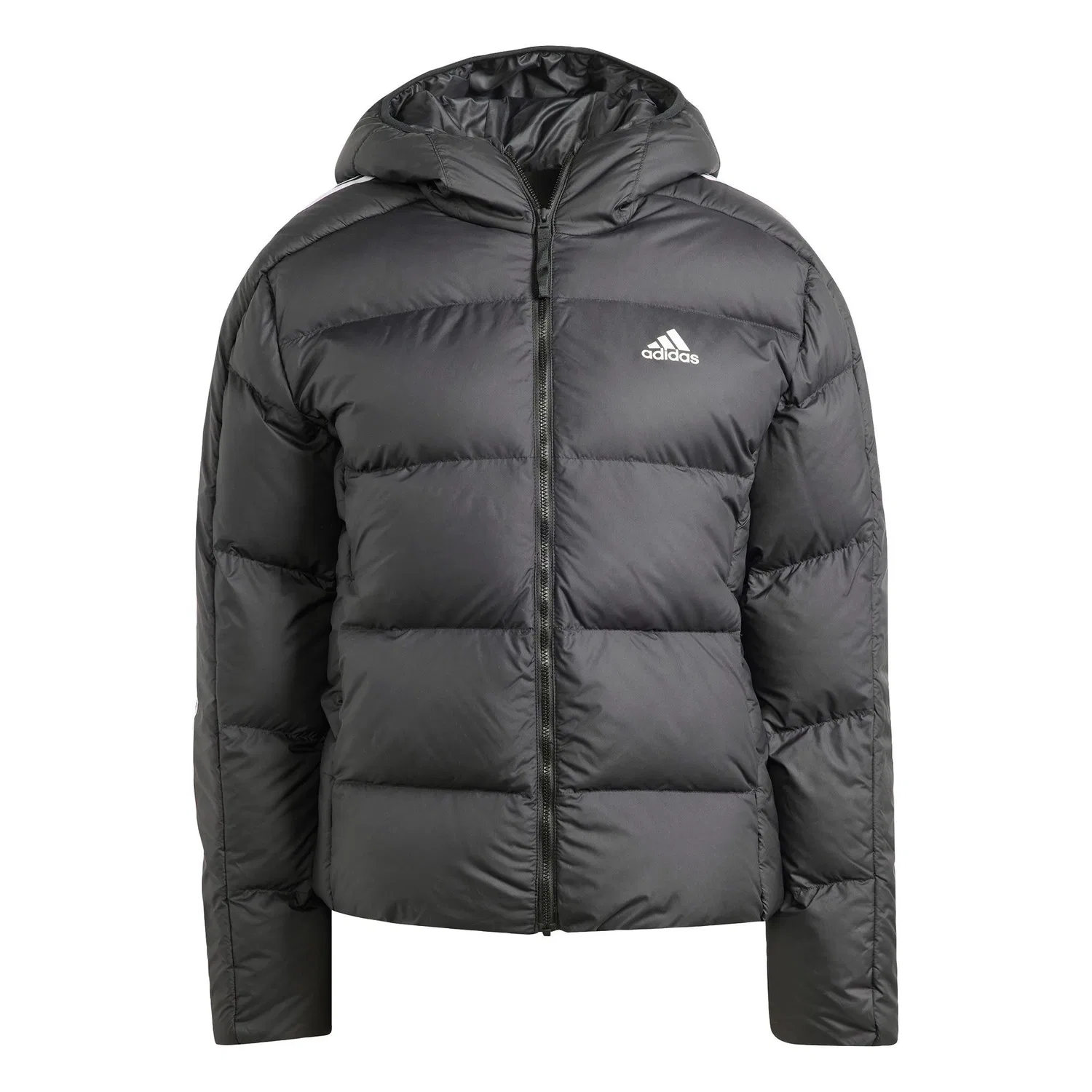 Мужская куртка с капюшоном из переработанных материалов Essentials 3-Streifen Mid Hooded Daunenjacke Adidas, Schwarz — фото 2