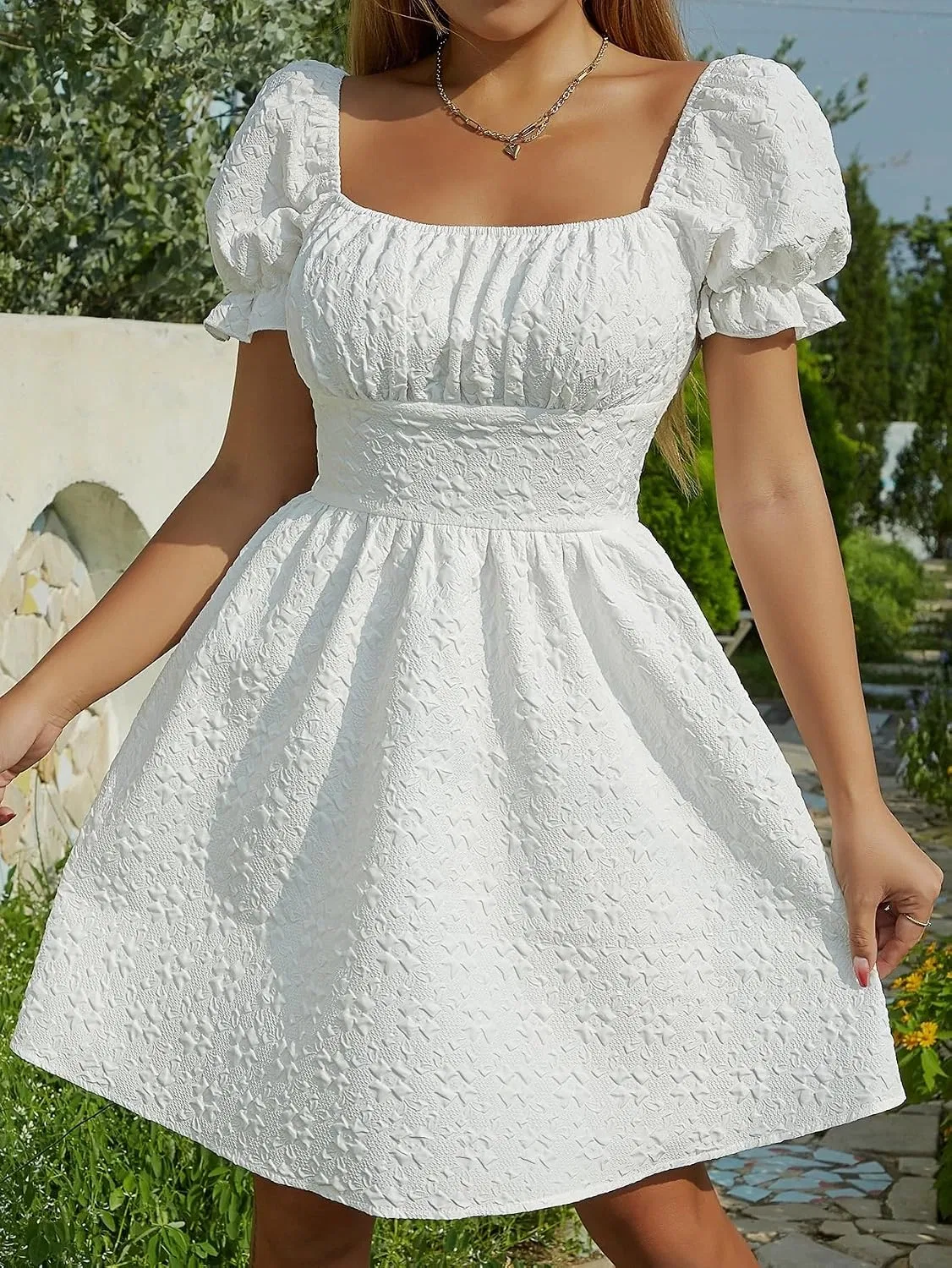 Женское повседневное платье A-силуэта с рюшами, Short Sleeve, White — фото 3