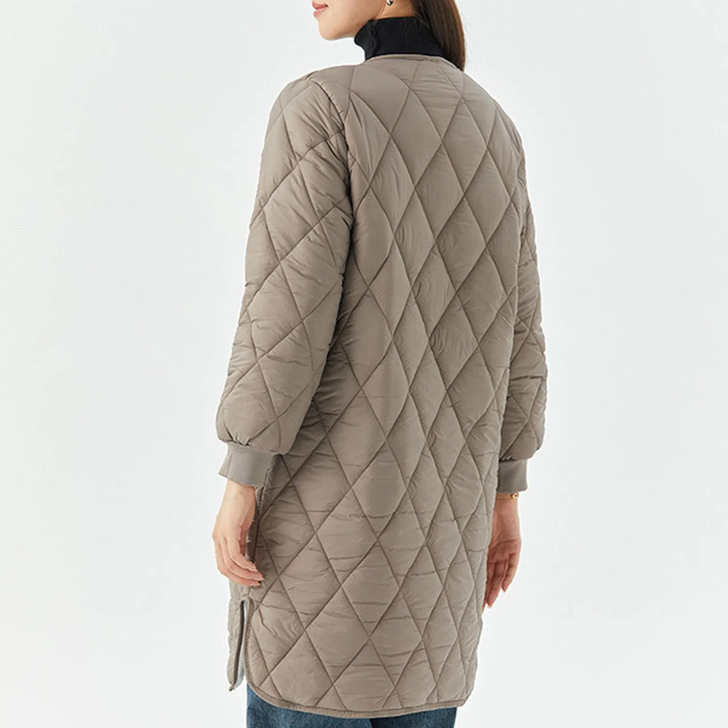 Женское стеганое пальто с V-образным вырезом и молнией Oversize Coats for Women, Cachi — фото 3